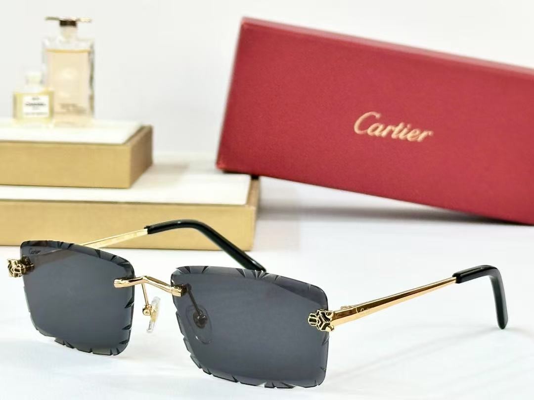 Cartier Rimless Square Sunglasses, Panther Head Carved Temples, Cut Edge Gradient Lenses Luxury Sunglasses for Men Women