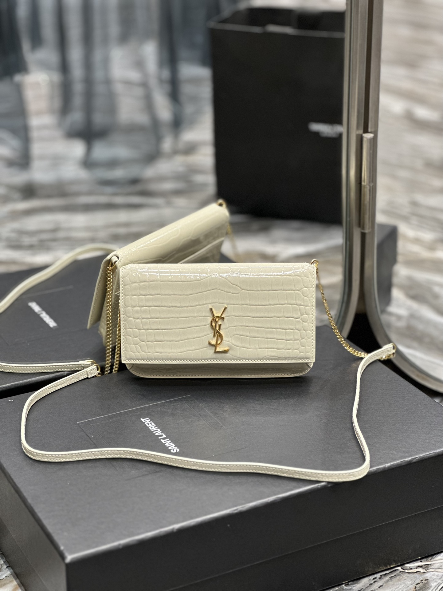 TOP Yves Saint Laurent YSL Monogram Phone Holder MINI Bag - White & GHW - Crocodile Pattern