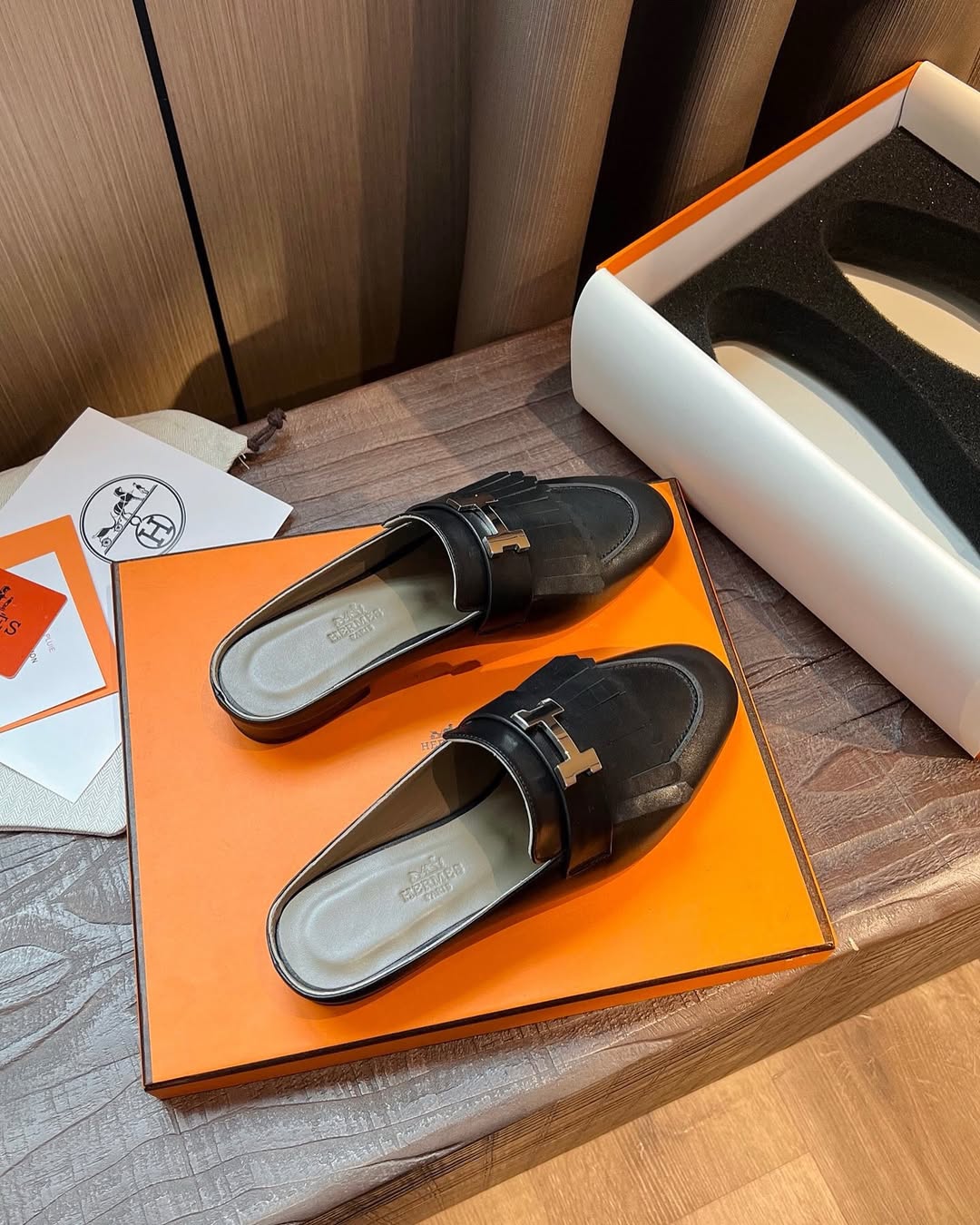 TOP HERMES Rivoli Mules - Black & SHW