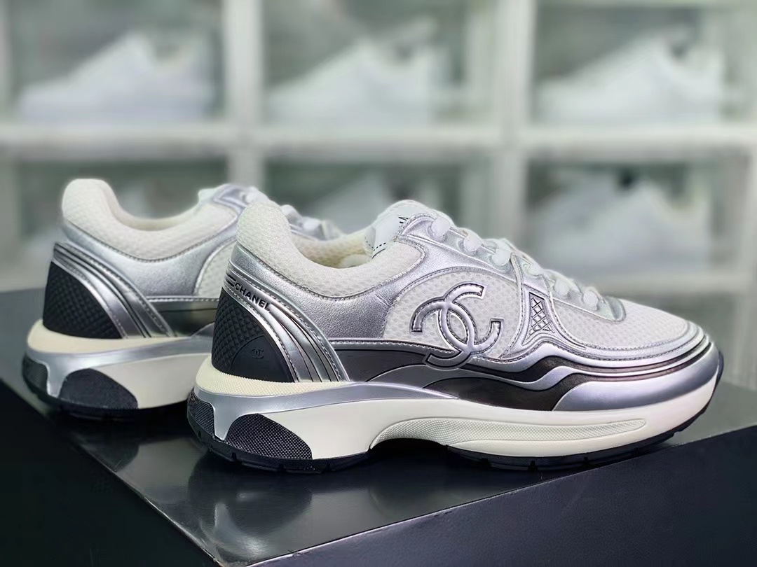 Chanel Women Silver Mesh Metallic Leather Dad Sneakers Lace‑Up Running Trainers Shoes
