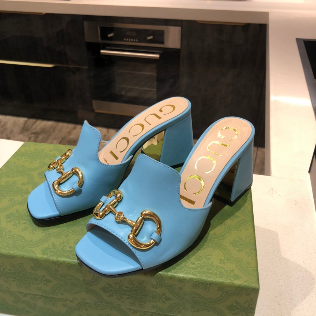 TOP GUCCI G*G Horsebit Slide Sandal Block Heels - Blue