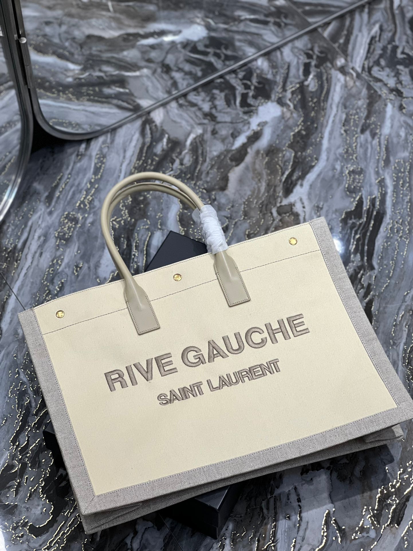 TOP Yves Saint Laurent YSL Rive Gauche Canvas Embroidery Tote Bag - Tan
