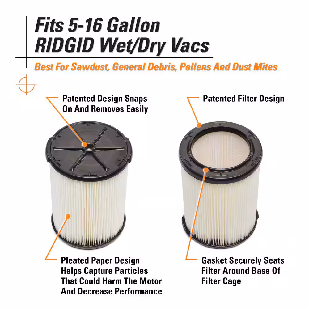 General Debris Pleated Paper Wet Dry Vacuum Shop Vac Filter Replacement for Most 5-16 Gallon RIDGID Shop Vacs (1-Pack)