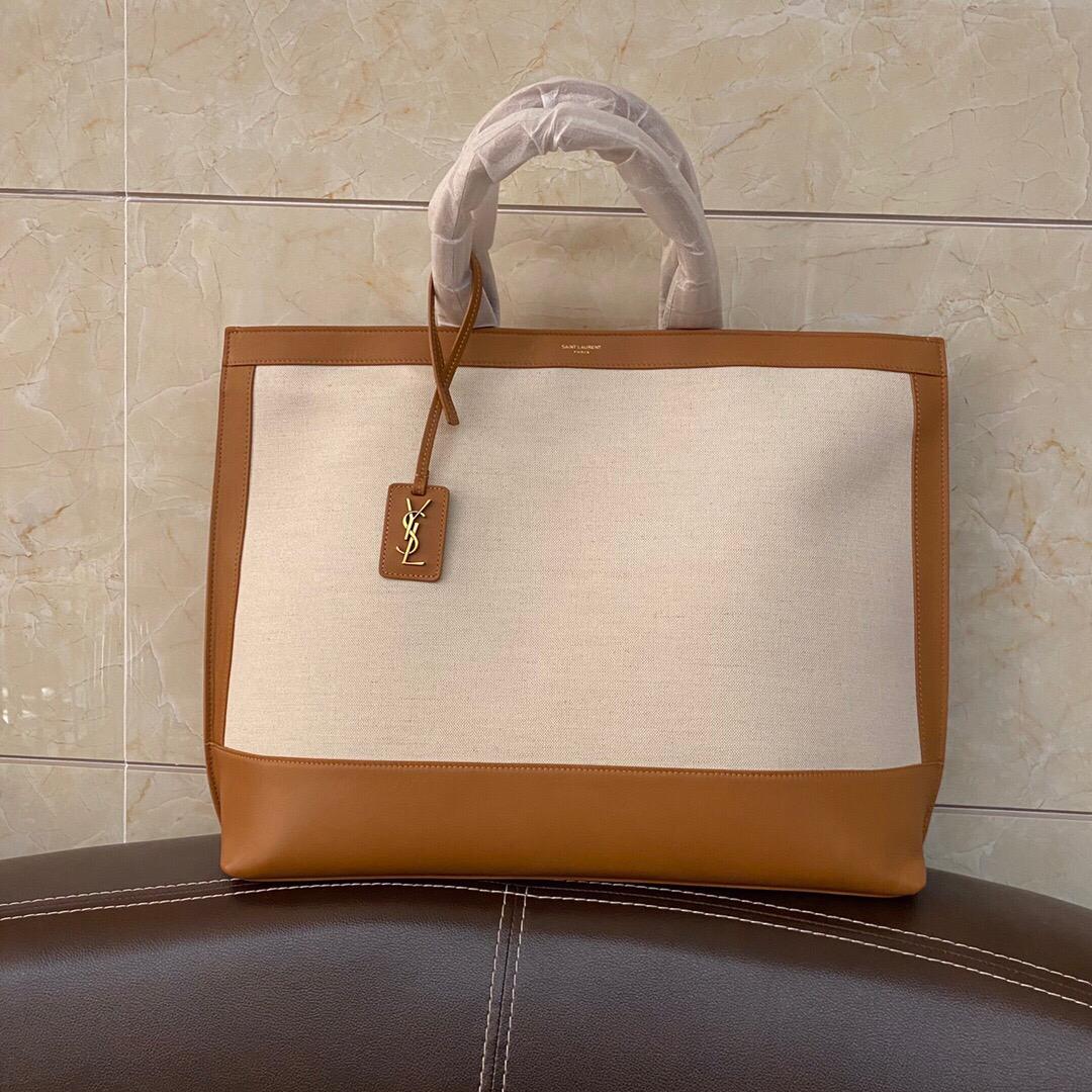 TOP Yves Saint Laurent YSL Cabas Linen Tote Bag - White and Brown