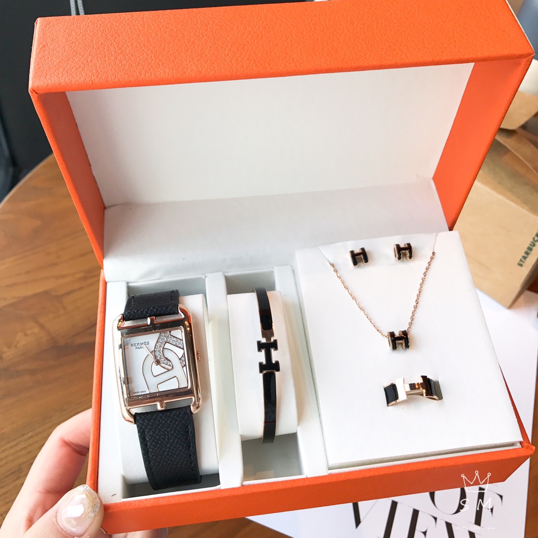 TOP HERMES H Logo Watch Bracelet Necklace Earrings Ring Set