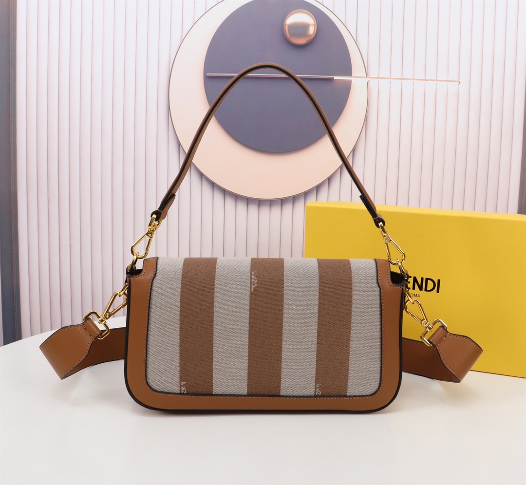TOP FENDI Baguette FF Bag with Pequin Plaid Pattern 27x15x6cm - Brown