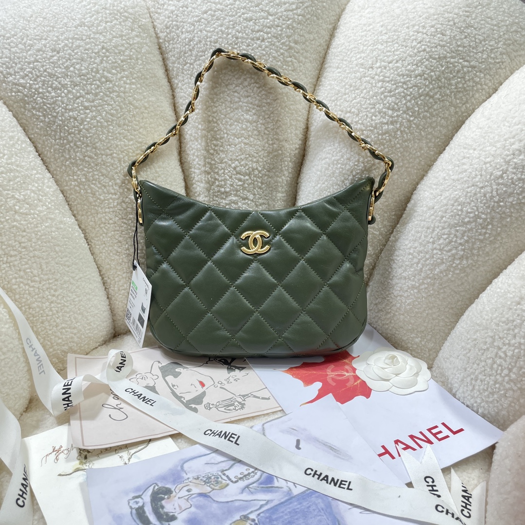 TOP CHANEL Lambskin Hobo Bag 17.5X24X6cm - Military Green&GHW