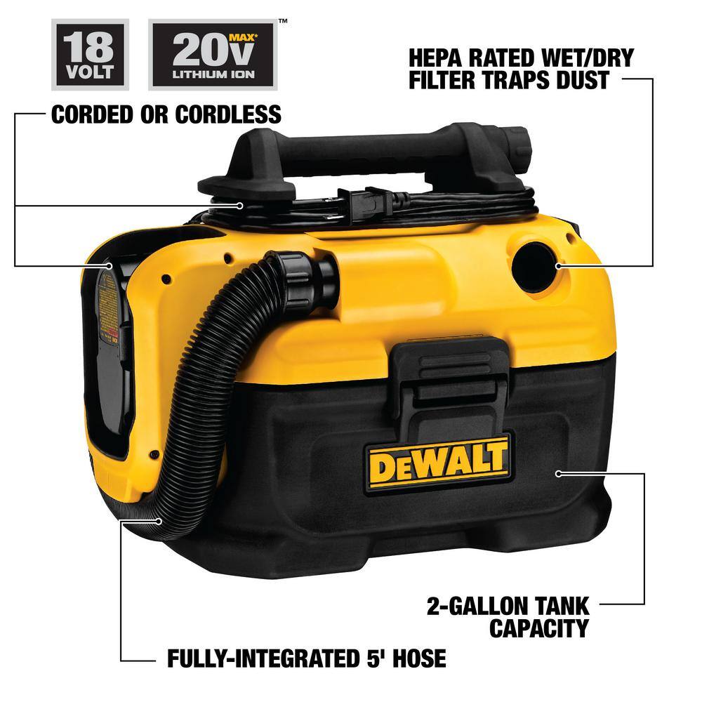 2 Gal. MAX Cordless/Corded Wet/Dry Vacuum and (1) 20V MAX Compact Lithium-Ion 2.0Ah Battery
