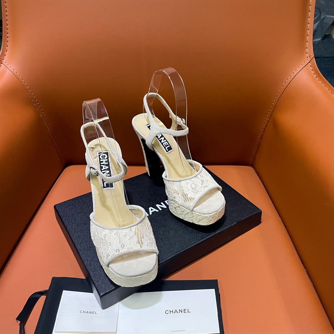 TOP CHANEL Lace CC 12cm High Heel Platform Sandals - 2 Color