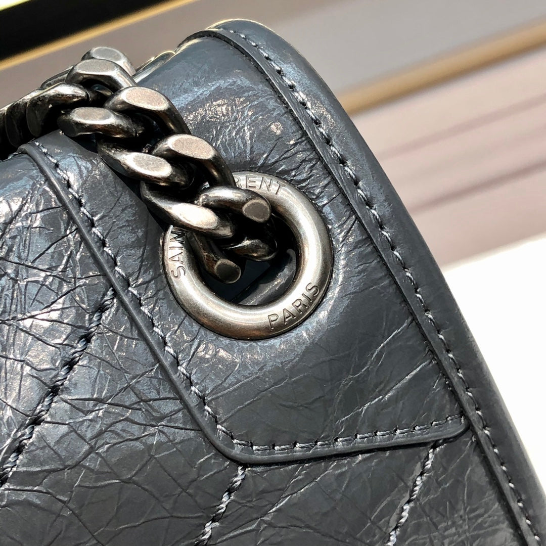 TOP Yves Saint Laurent YSL Medium Niki Wrinkles Leather Bag - Stormy Grey