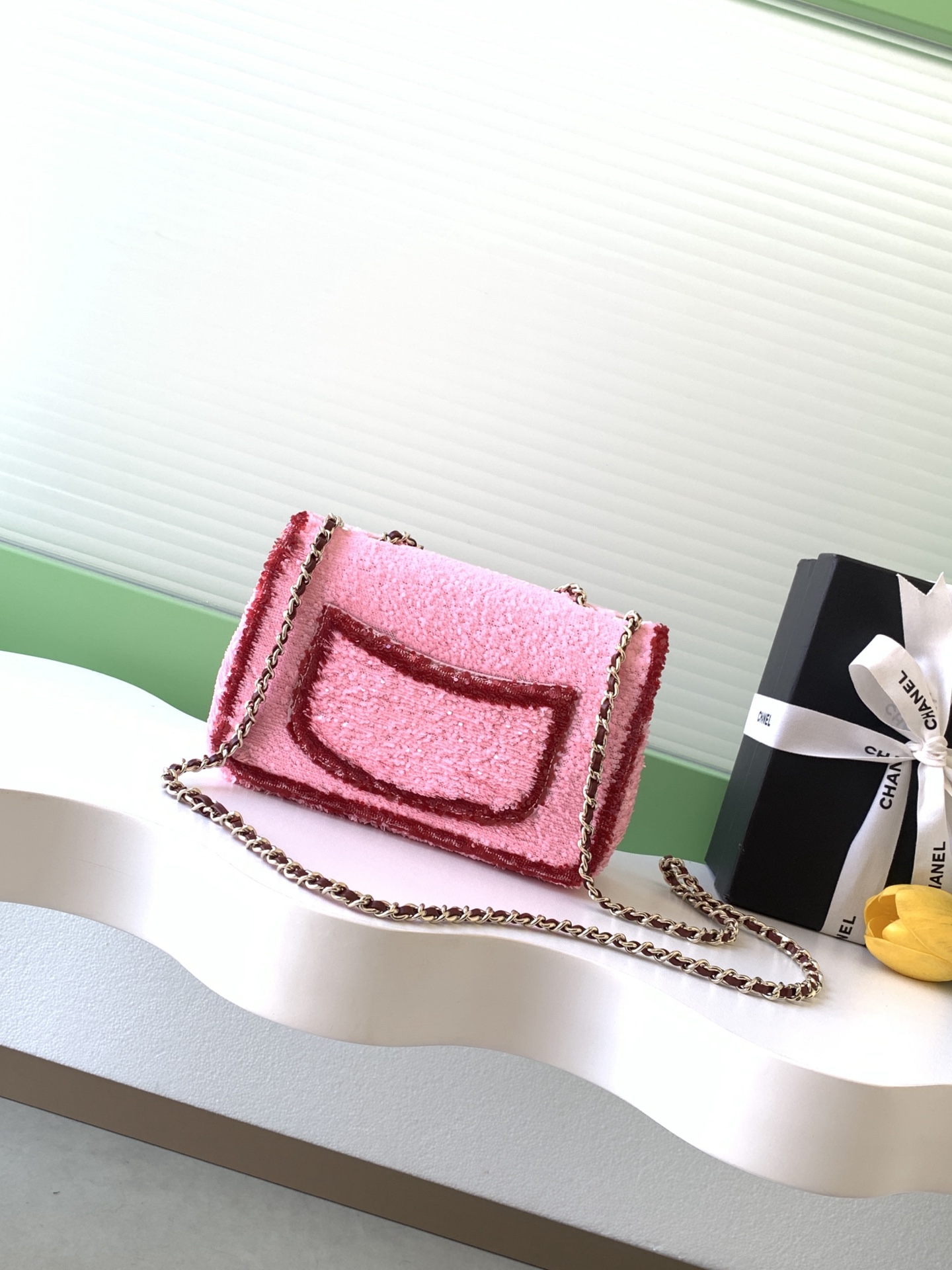 TOP CHANEL Classic Flap Bag CF Sequins 21*14*8cm - Pink