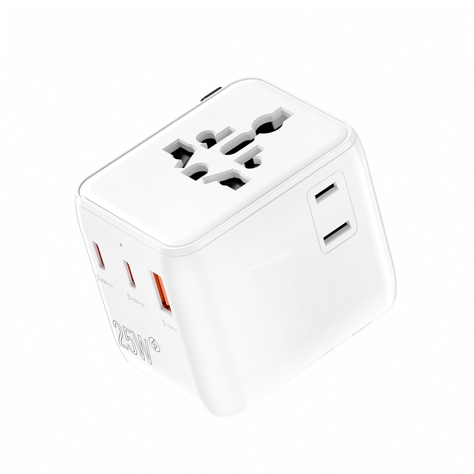 Newest Model PD 25W GaN World Plug Adapter Worldwide PD Travel Charger Gan Fast Charge Charger Input 20w Power Adapter (White)