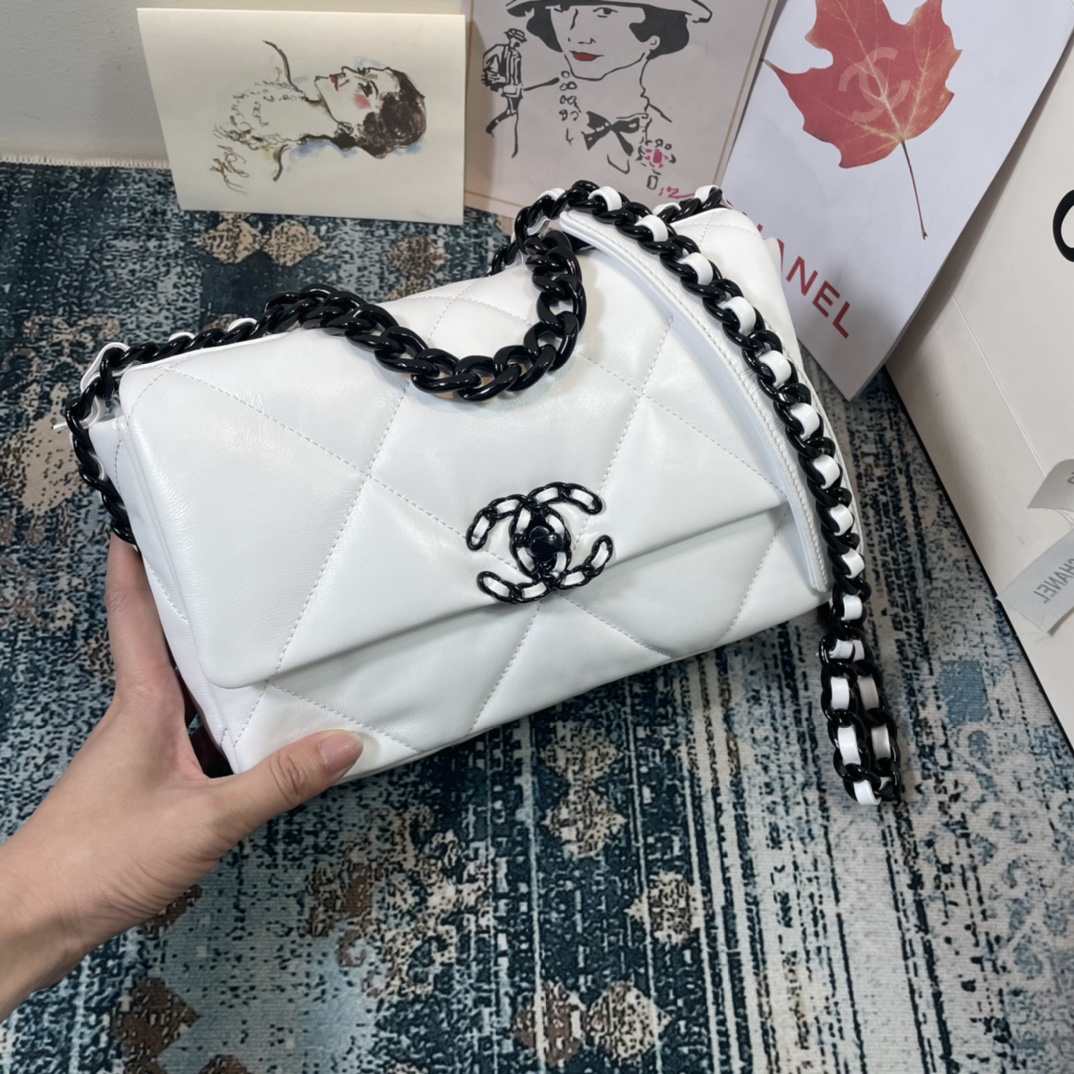 TOP CHANEL Lambskin 19 Bag 26x9x16cm - White&BHW