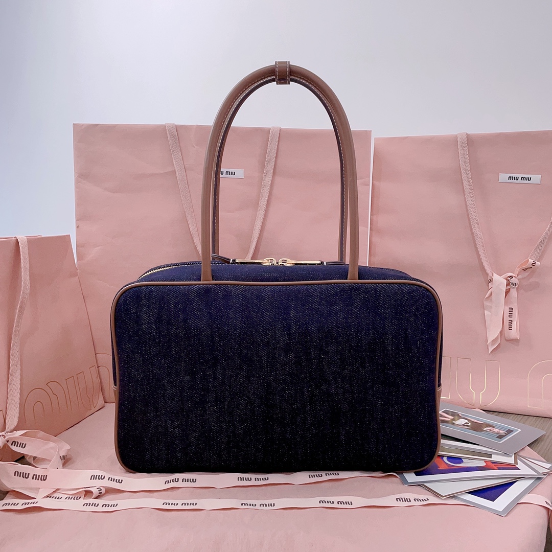 TOP Miu Miu Denim Briefcase Cowhide 34x23x12cm - Denim Blue