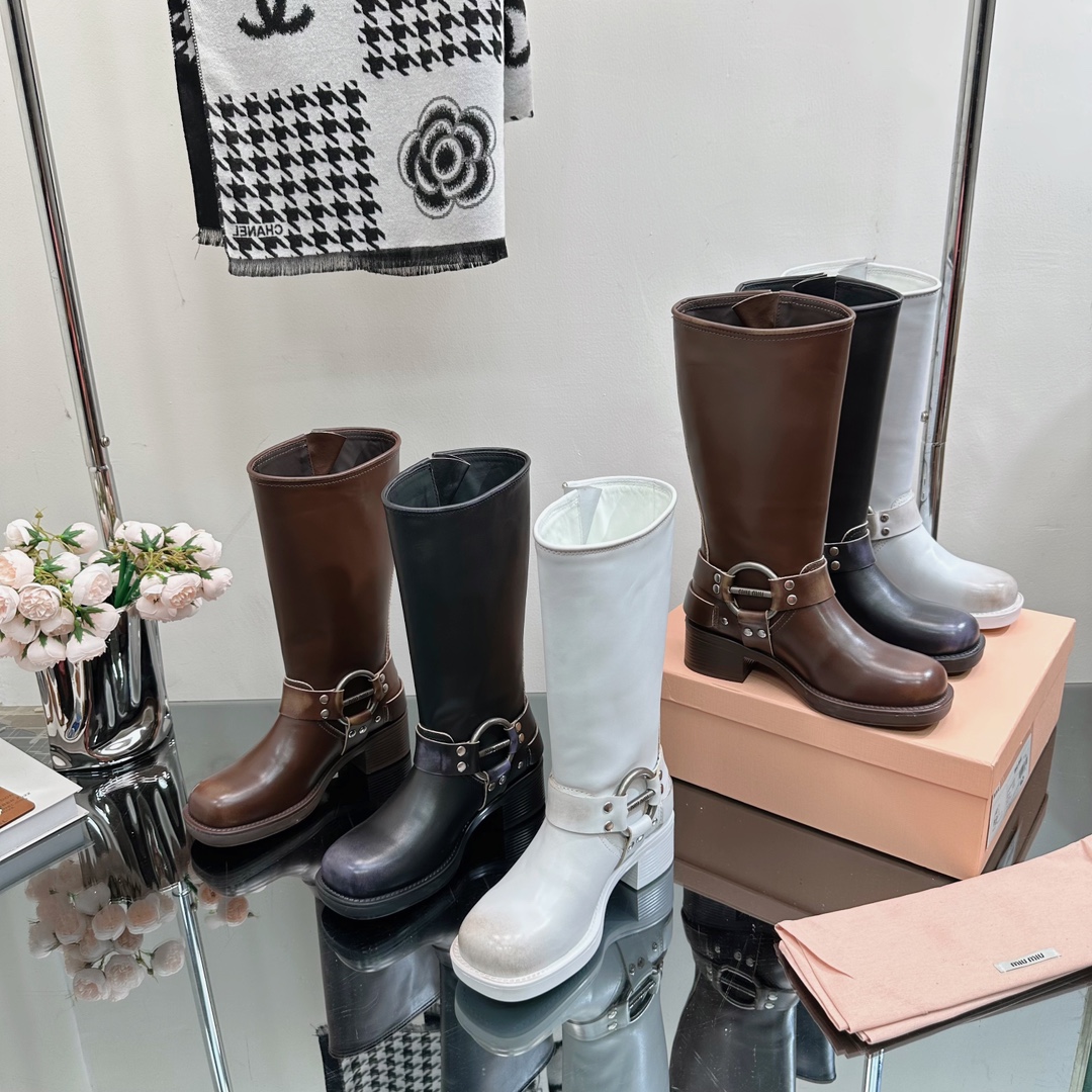 TOP Miu Miu Retro Western Catwalk Motorcycle High Boots - 3 Colors - Waxed Calfskin with 4 Buckles
