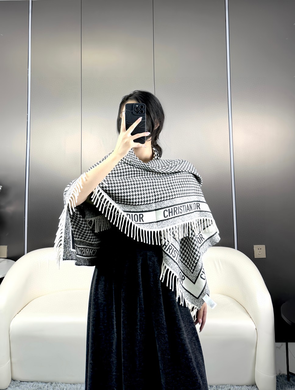 TOP Christian Dior Large CD Houndstooth Print Square Scarf 140x140cm - Black and White