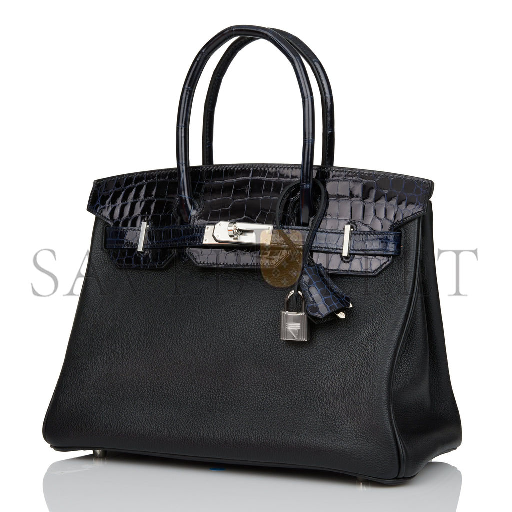 HERMES MASTER BIRKIN 25 BLEU MARINE SHINY NILOTICUS CROCODILE PATTERN AND BLACK NOVILLO TOUCH PALLADIUM HARDWARE (25cm)
