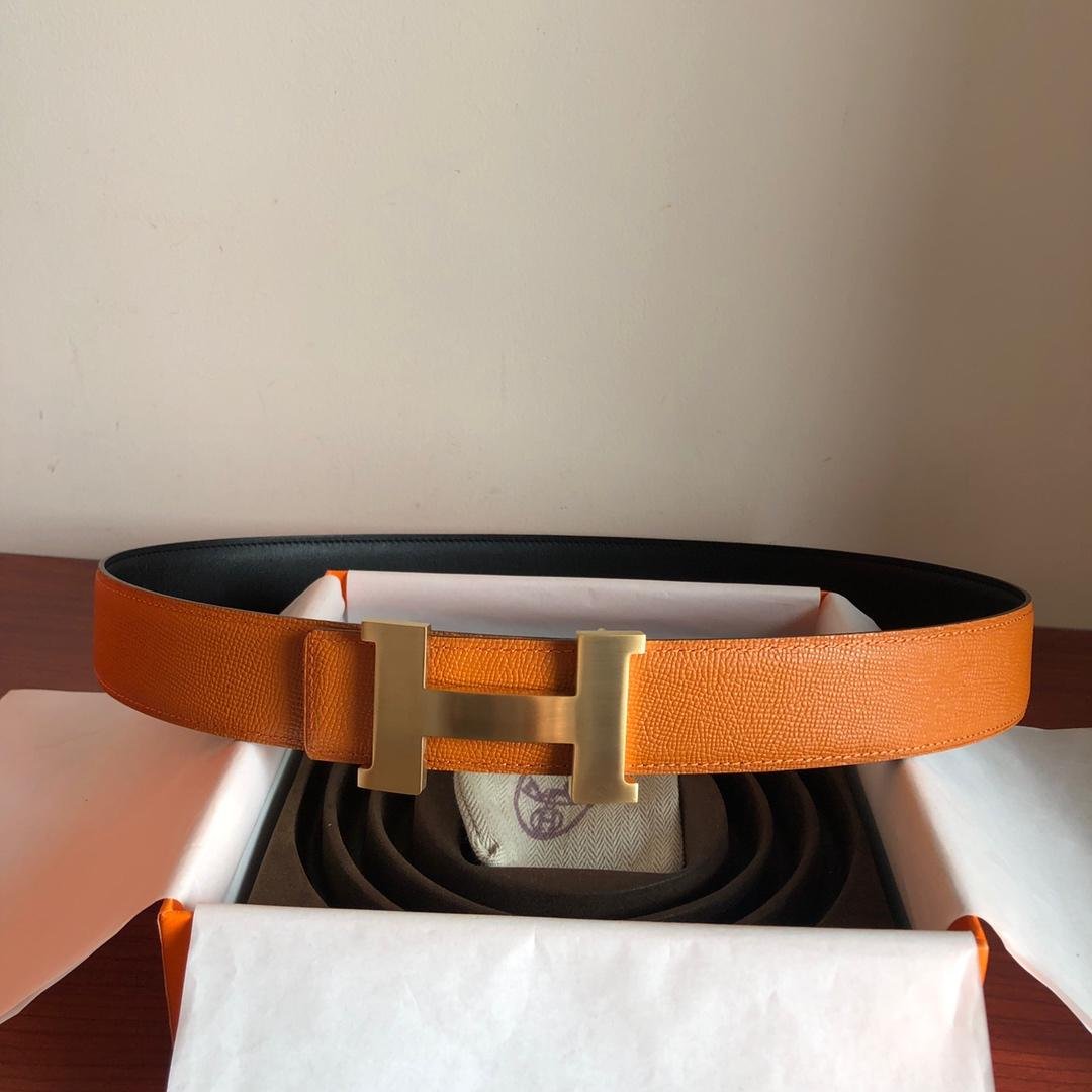 Hermès Mini Constance Guillochee Belt Buckle & Reversible Orange For Women, Women Belt 380MM