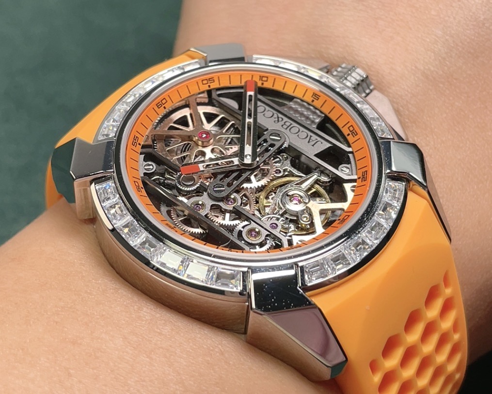 Jacob & Co Epic X Skeleton Mechanical Watch for Men, Diamond Bezel, Orange Honeycomb Rubber Strap