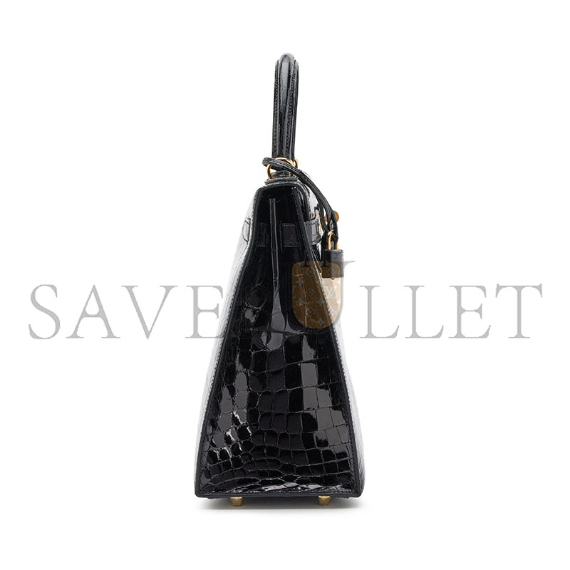 HERMÈS BLACK SHINY NILOTICUS CROCODILE SELLIER KELLY 32 GOLD HARDWARE 147892 (32*23*11cm)