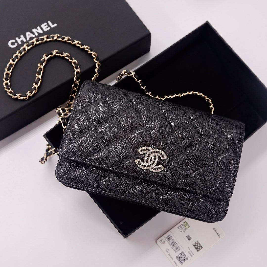 TOP CHANEL WOC Bag Quilt Caviar Bling Bling Logo - Black