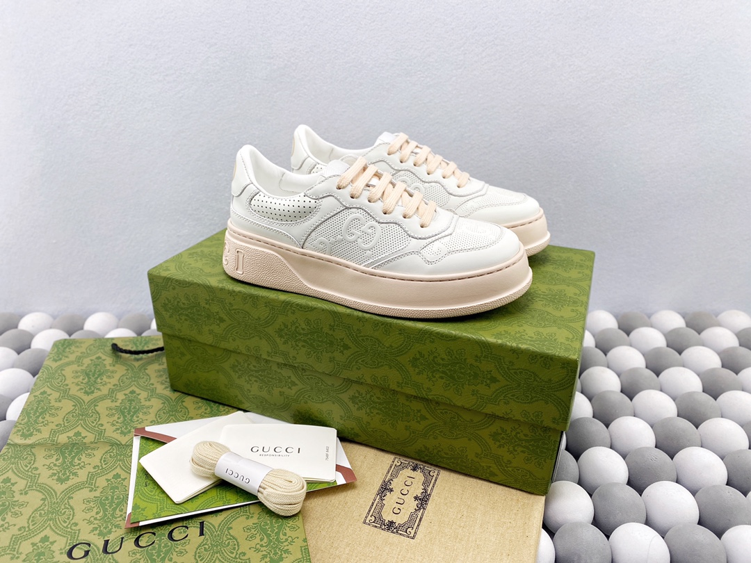Gucci Women Off‑White Platform Sneakers Embossed Double‑G Beige Thick Sole Lace‑up Casual Shoes