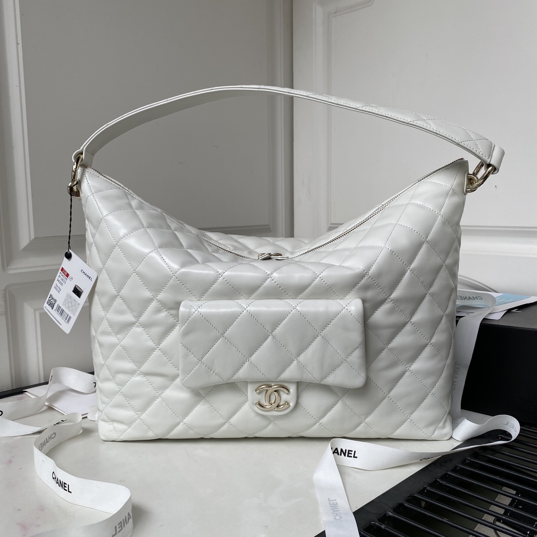 TOP CHANEL Hobo New Hippie Hobo- 28×22.5×13/37×29.5×13cm - GHW&White