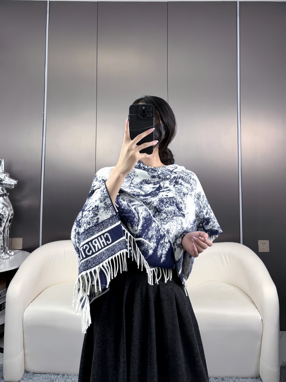 TOP Christian Dior Cashmere Scarf 140x140cm - Navy Blue/White