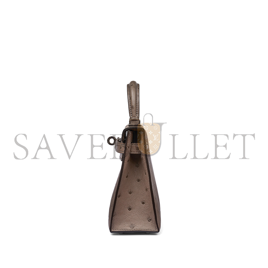 HERMÈS GRIS TOURTERELLE OSTRICH MINI KELLY II  PALLADIUM HARDWARE (19*12*5.5cm)