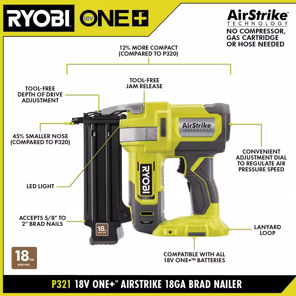 ONE+ 18V 18-Gauge Cordless AirStrike Brad Nailer (Tool Only)