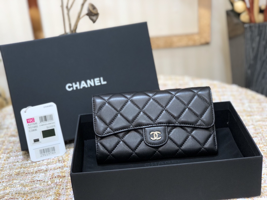 TOP CHANEL Long Folding Lambskin Wallet 18cm - Black - SHW
