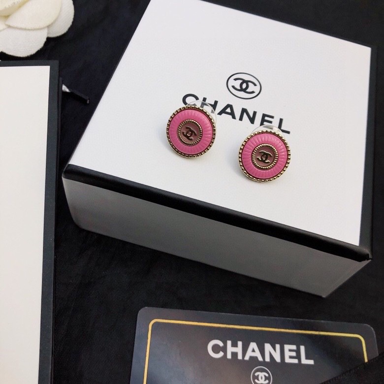 TOP CHANEL Double C Metal Round Stud Earrings - Pink