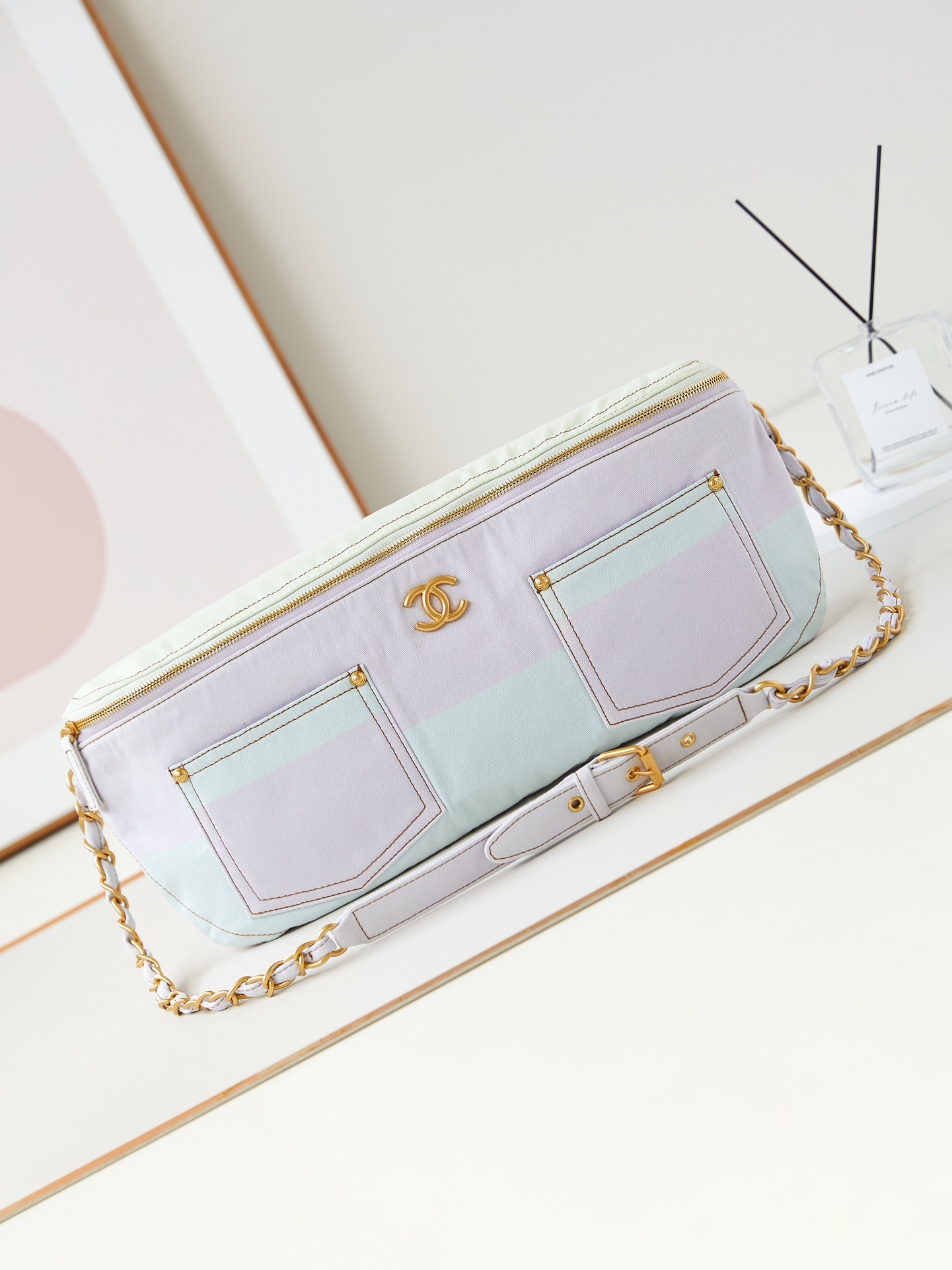 TOP CHANEL Large Waist Bag 19×45×9 cm-Light Pink, Light Yellow & Light Blue