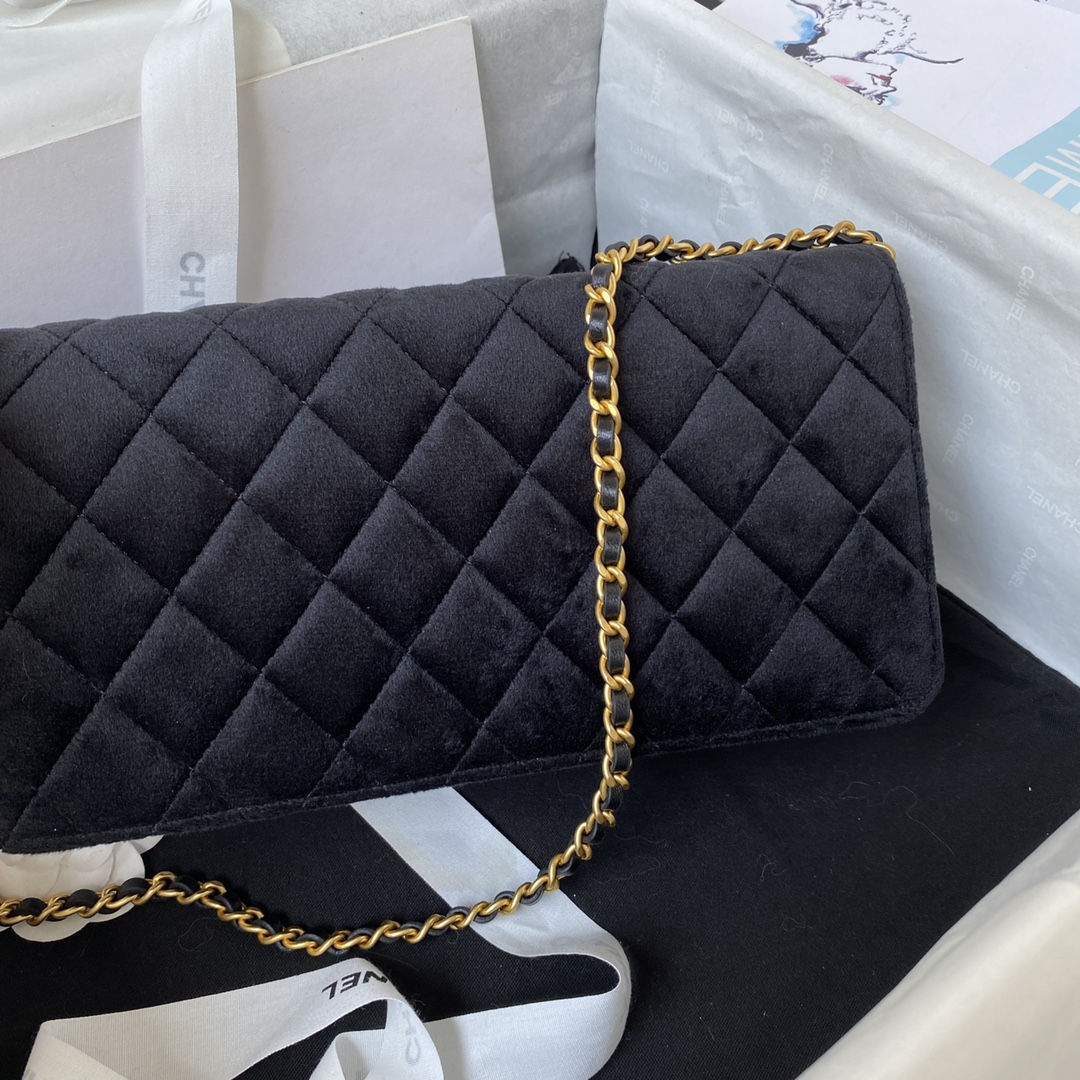 TOP CHANEL Classic Velvet  Sheepskin & Flannelette CF Small Size 11.5x23x4cm - Black & SHW
