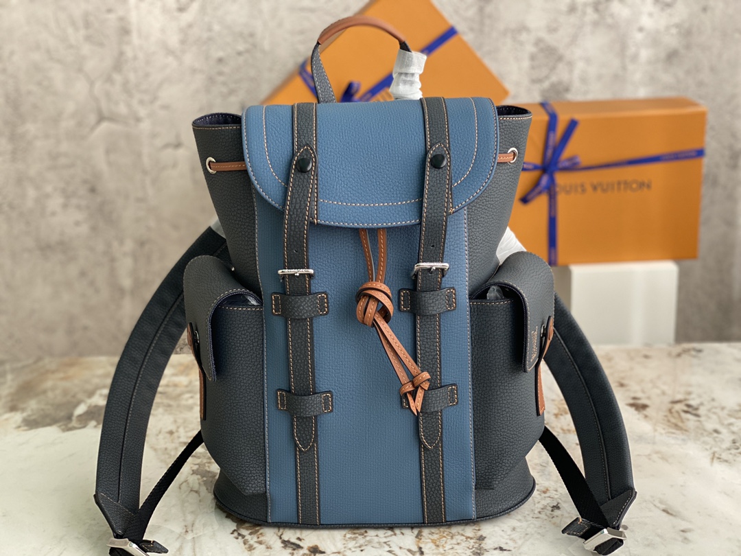 TOP Louis Vuitton LV Men's Christopher Backpack Taurillon Leather 32x39x12cm - Denim