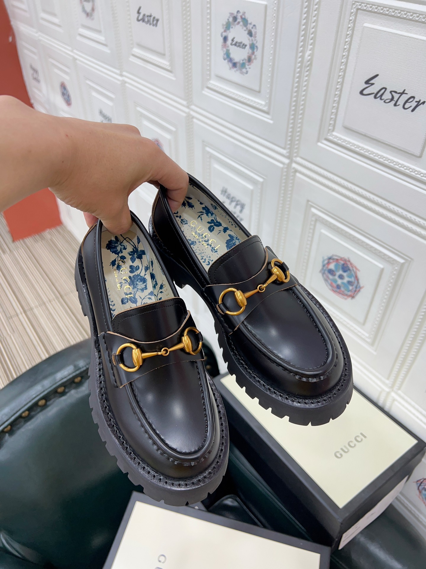 Gucci Horsebit Chunky Lug‑Sole Loafers, Black Leather With Embroidered Bee At Heel Shoes
