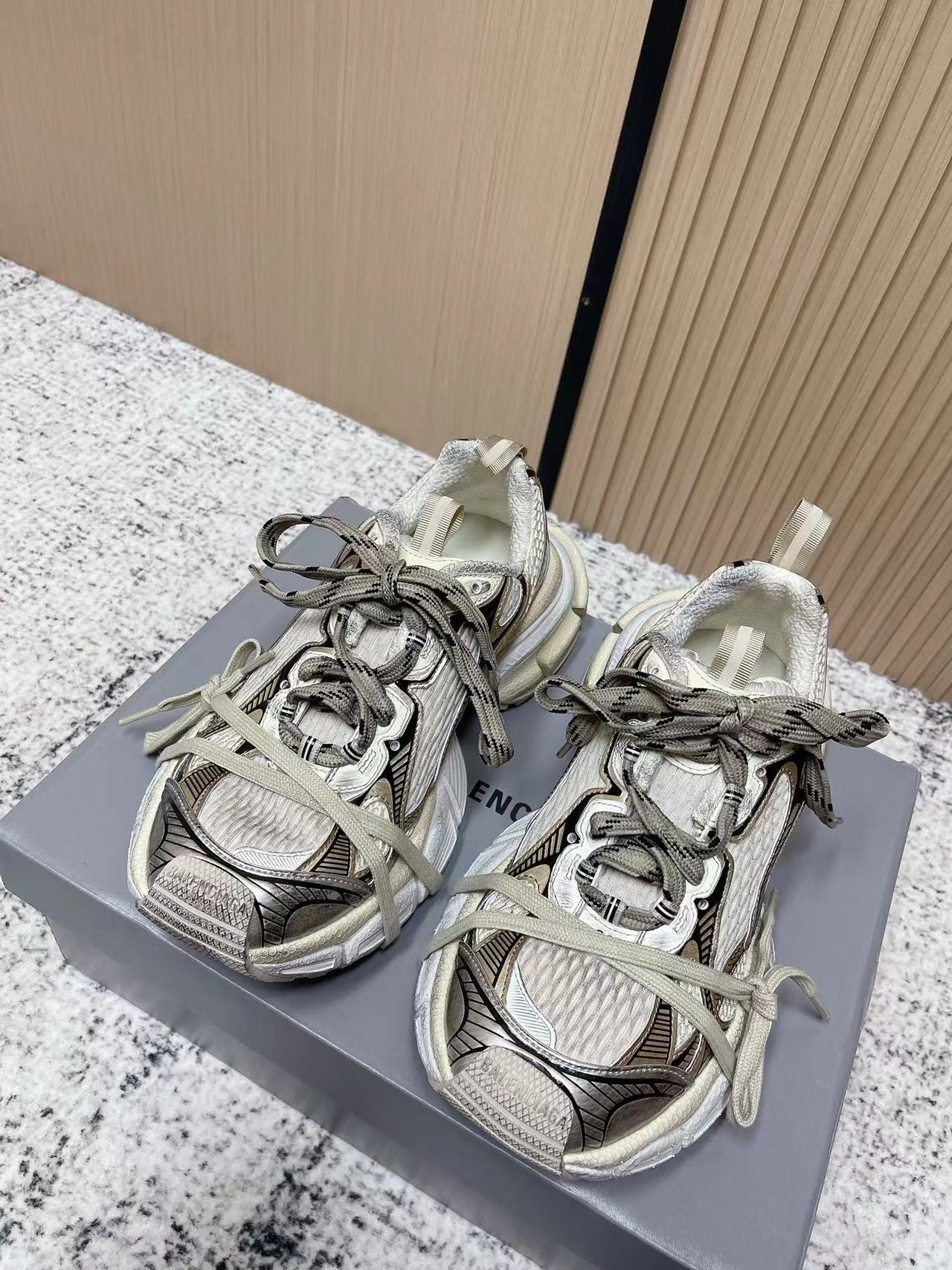 Balenciaga Metallic Beige Multi-Lace Chunky Running Sneakers