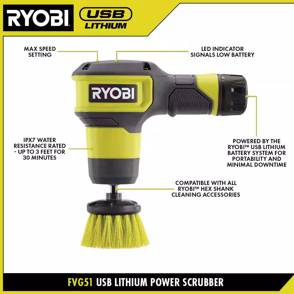 USB Lithium Compact Scrubber Kit with 2.0 Ah Battery, USB Charging Cord, and 2 in. Medium Bristle Brush