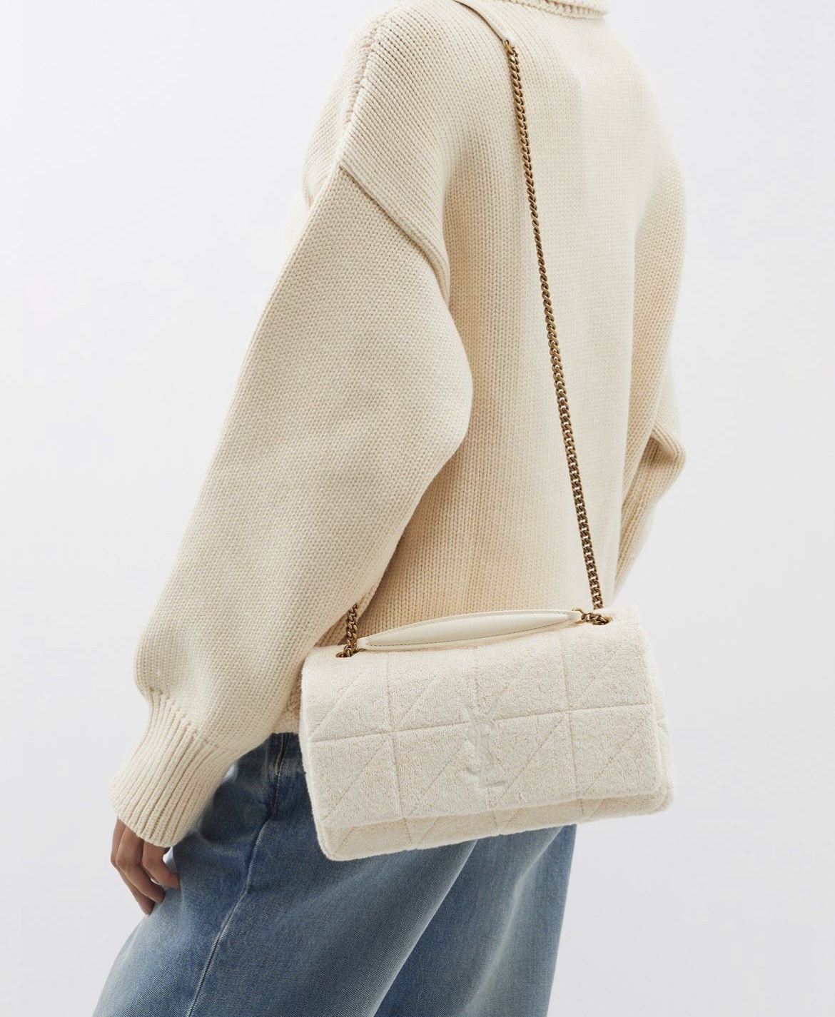 TOP Yves Saint Laurent YSL Knitted Towel Fabric With Calfskin Chain Bag 25×15×7.5cm - White