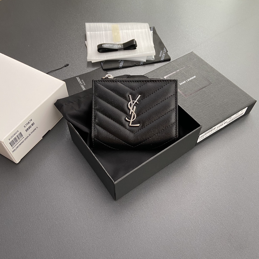 TOP Yves Saint Laurent YSL Calfskin Matelasse Wallet 10.5x8.5x2.5cm - Black & SHW/GHW