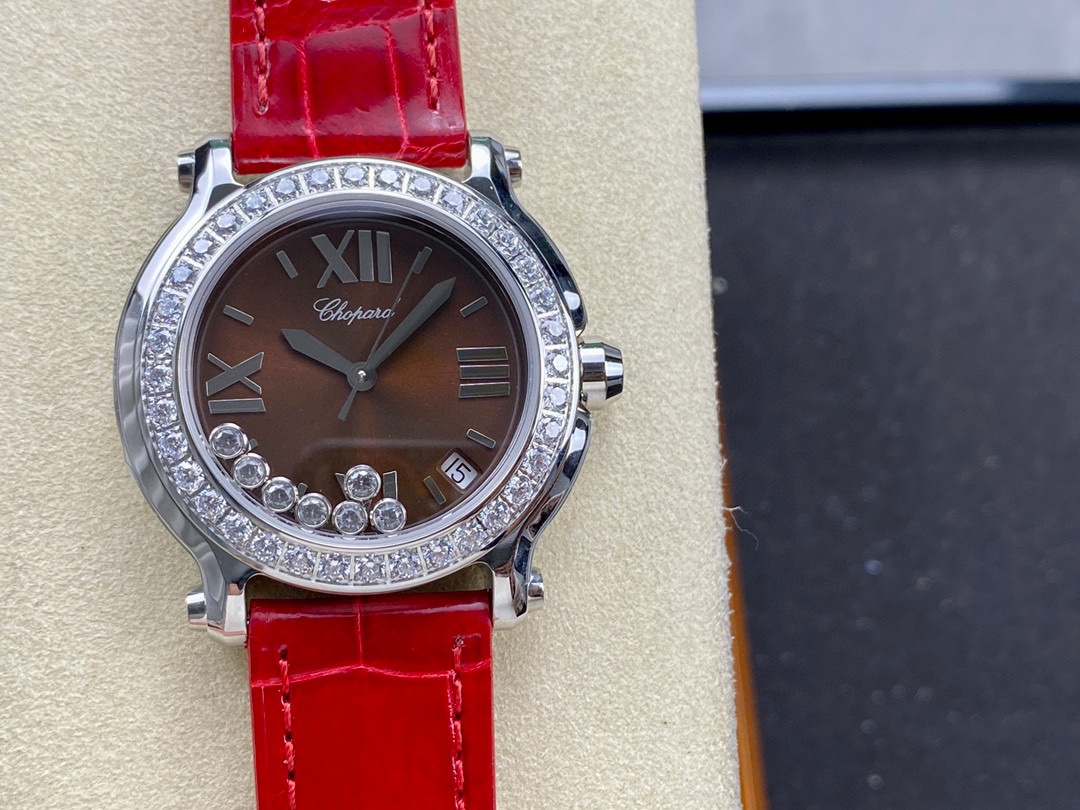 Chopard Happy Sport Ladies Watch, Diamond Bezel, Bright Red Crocodile Leather Strap Wristwatch