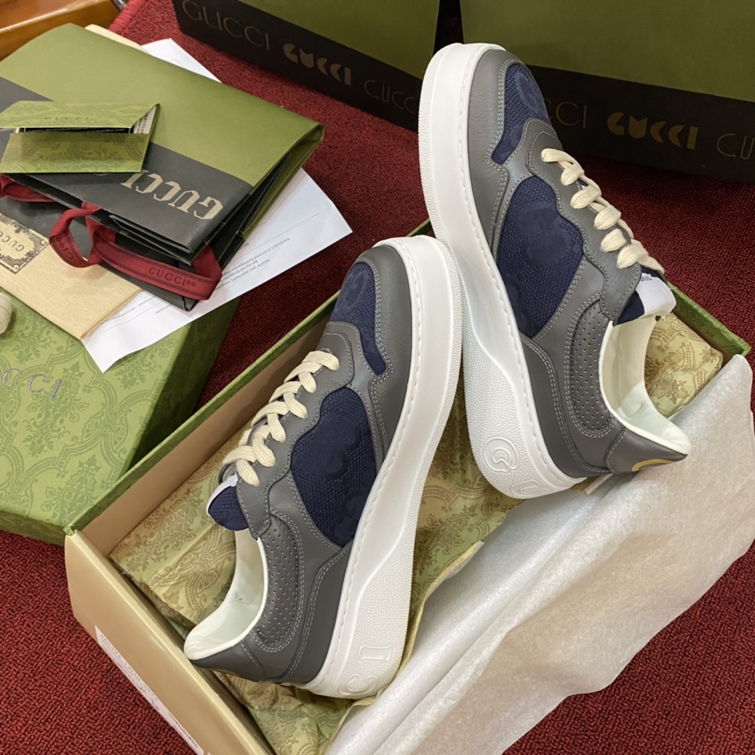 TOP GUCCI Color Block Double G Embossed Leather Rubber Platform Sneakers - Gray & Blue