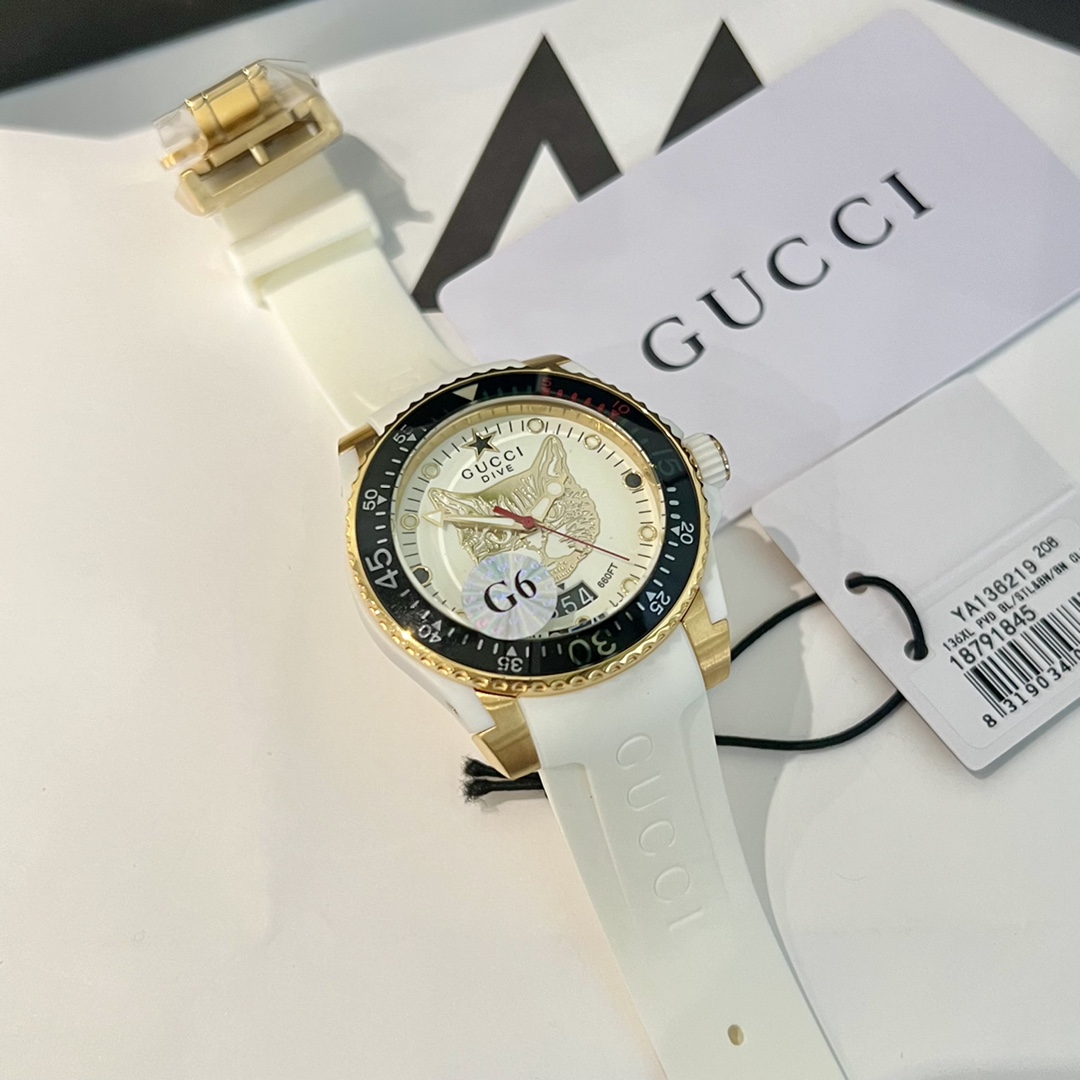 TOP GUCCI Watch with Cat Pattern 40mm - White