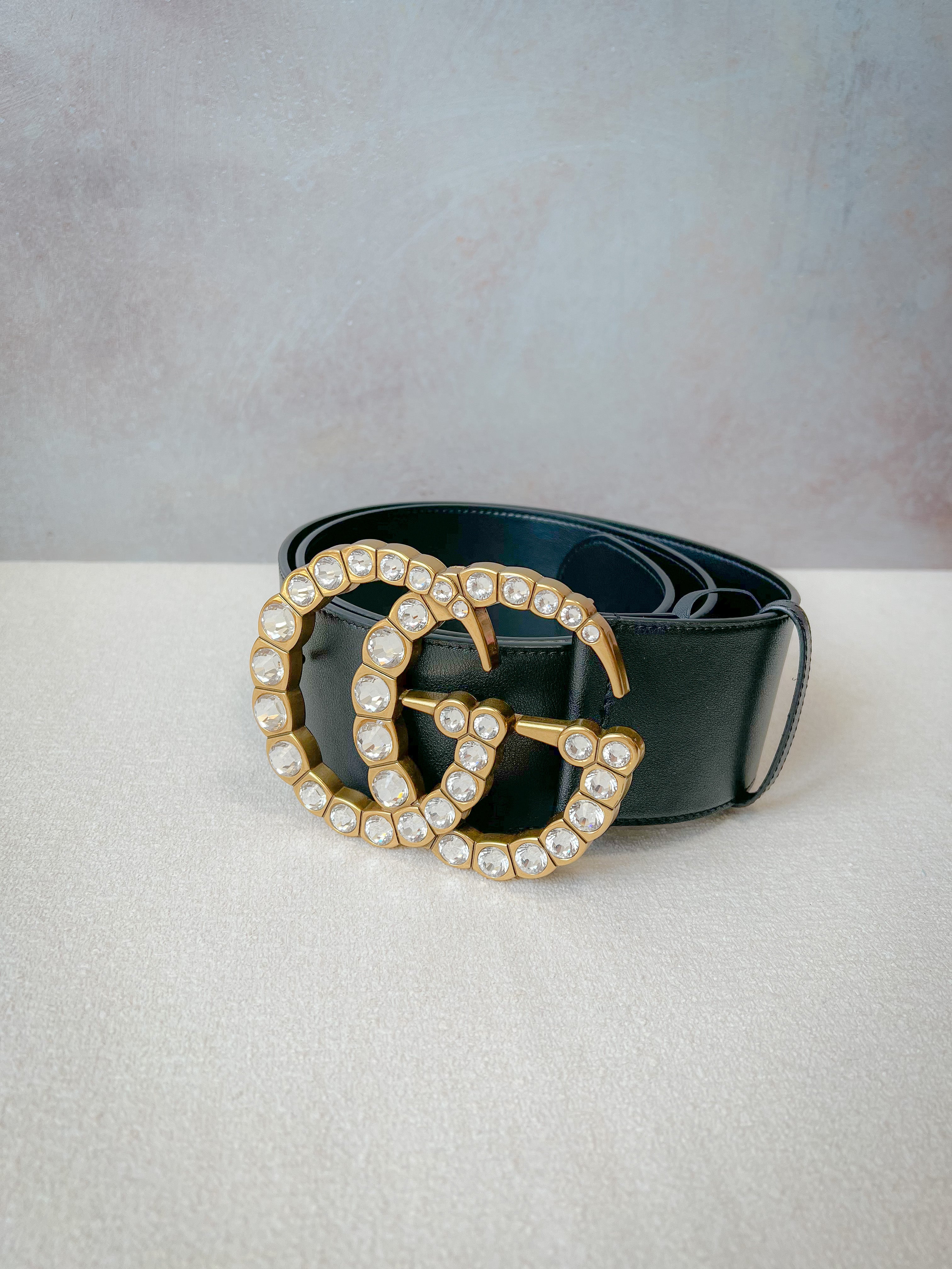 TOP GUCCI Leather Belt w Crystal Double G Buckle  - Black