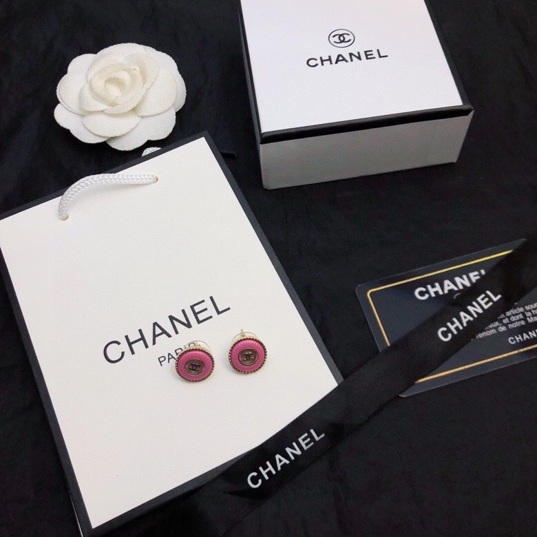 TOP CHANEL Double C Metal Round Stud Earrings - Pink
