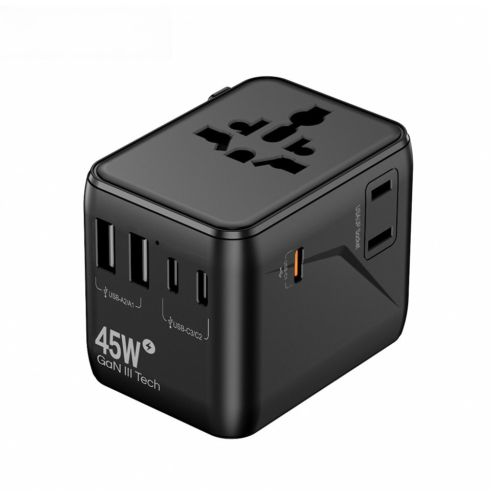 2AC Outlets PD 45W Fast Charger 2500W Power Travel Charging Adapter International Plug Adapter with 3 Type-C and 2 USB