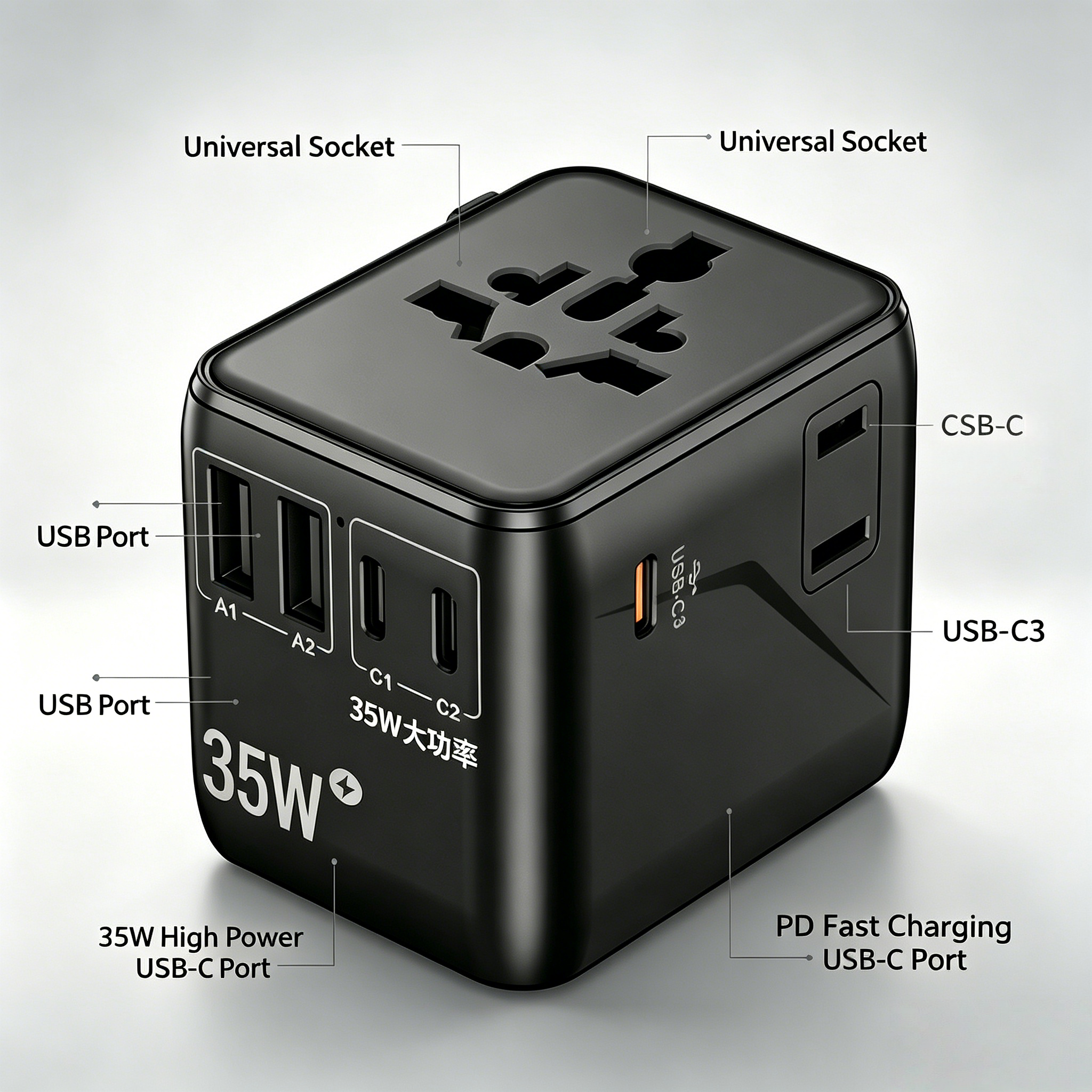 2500W PD 35W Multi-Plug Travel Socket Small Size Gan Multi Plug for International Travel Adapter with Custom Logo for Travel