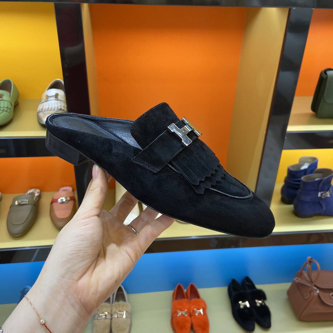 TOP HERMES Rivoli Mules - Black & SHW/GHW