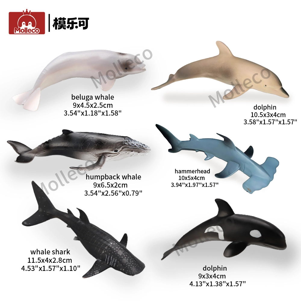 Molleco Marine Animal Figure Toys for Kids and Children Small Hammerhead Shark+Small Whale Shark+Small Humpback Whale+Small Dolphin+Small Beluga Whale+Small Tiger Shark CP024-1-2-3-4-5-6