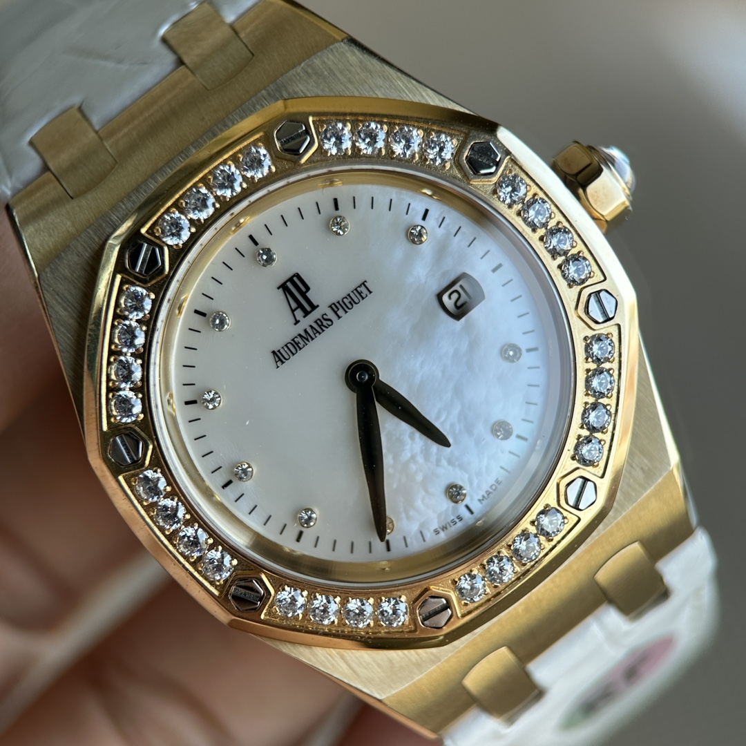 Audemars Piguet Lady Royal Oak Watch, Gold Case Diamond Bezel MOP Dial White Crocodile Leather Strap Ladies Wrist Watch